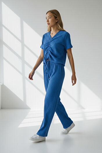 NEWCO Wrinkled Fabric Pants and Blouse with Rope Detail, Seersucker Two-Piece Set