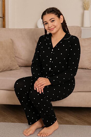 Pemilo Girl's 15332 Button Front Long Sleeve Pajama Set Black