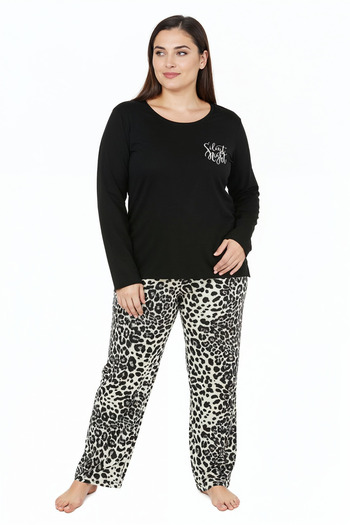 Bravie Elite Viscose Long Plus Size Pajama Set with Leopard Print on the Bottom and Writing on the Top Black 3588