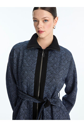 Zühre Women's Patterned Belted Navy Blue Jacket C-0178