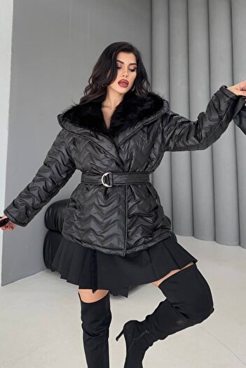 AKD Atelier Women's Puffer Coat Wide Collar Belted Fur Lined Quilted Coat