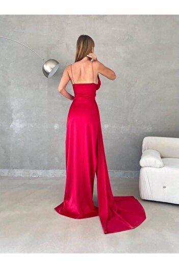 Modafeminen Thin Strap Chest Draped Satin Dress Red 582243