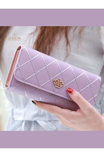 ZERİUM Trendy Argyle Pattern Premium Pu Leather Tri-Fold Women's Long Wallet