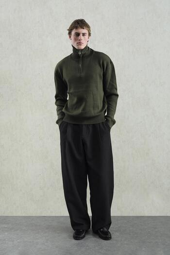 GIESTO Zipped Regular Fit High Neck Khaki Sweater