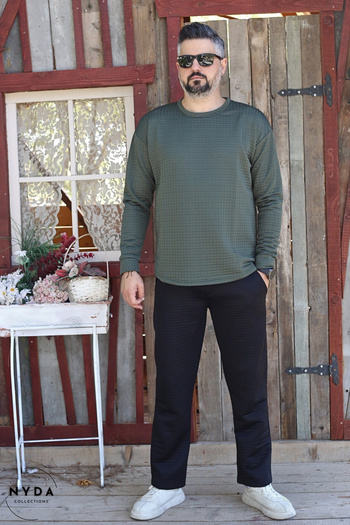 Nyda Collections Men's Quilted Fabric Regular Long Sleeve Sweatshirt with Pockets Elastic Waist Lace-Up Pants Set