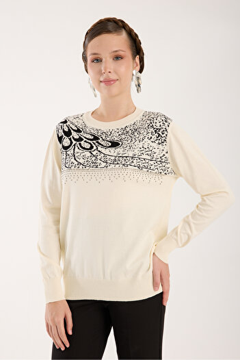 Moda Days Elite Viscose Fabric Stone Detailed Crew Neck Knit Blouse