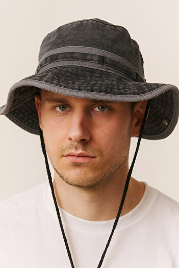 CosmoOutlet Men's Denim Adjustable Drawstring, Curled Brim Washed Cowboy Black Denim Hat