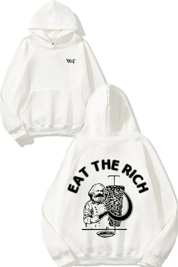 THEWERT Eat the Rich Design Back Printed White Hooded Sweatshirt