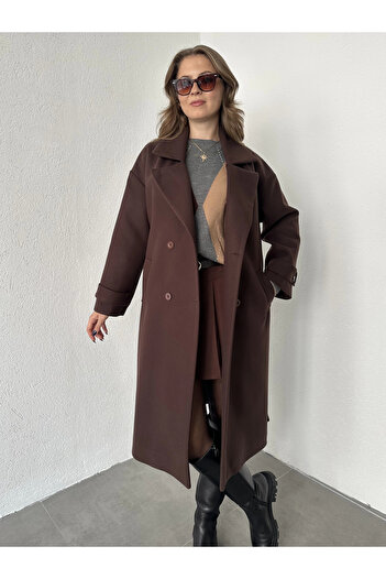 Asfa Moda Дамско кафяво двуредно палто с колан, дълго, от висококачествена вълна