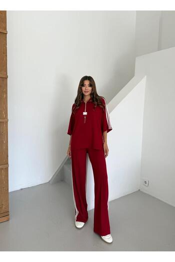 QİMYA BUTİK Women's Striped Embroidered Detailed Tracksuit Set with Bouquet
