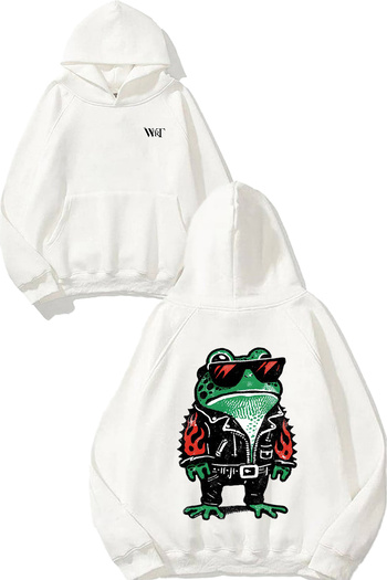 THEWERT Toad Motorcycle Design Back Printed White Hooded Sweatshirt