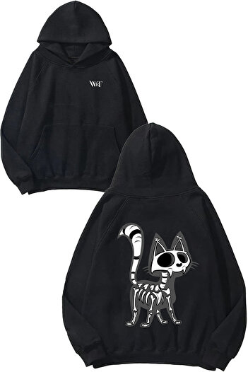 THEWERT Bone Cat Design Back Printed Black Hooded Sweatshirt