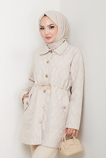 Pamuk Butik Women's Waist Tunnel Pass-Through Quilted Jacket Coat