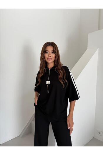 QİMYA BUTİK Women's Striped Embroidered Detailed Tracksuit Set with Bouquet
