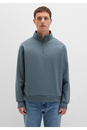 Mavi fermuarlı loose fit (bol rahat kesim) basic sweatshirt