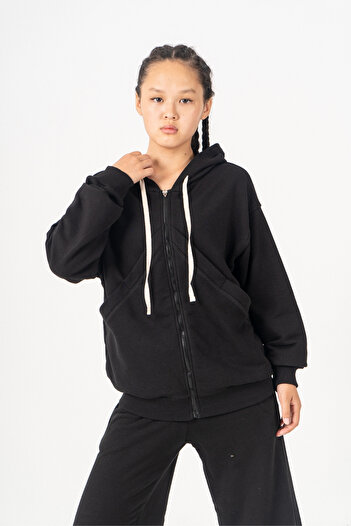 GİYİCEM TEKSTİL Girl's Hooded Three Thread Zippered School Sweatshirt 4536