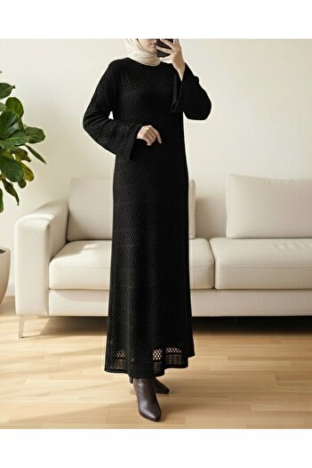 Modamorfo Openwork Mixed Patterned Innerwear Knitwear Dress -Black