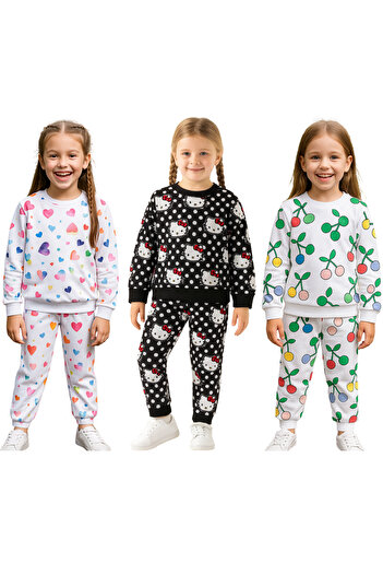 minikiss 3 Pcs Two Rope Drawstring Seasonal Printed Bottom Top Girl Children's Double Set