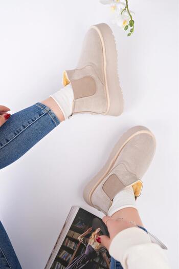moun shoes Mini Beige Suede Fur Inside Elastic Side Thick Sole Women's Boots