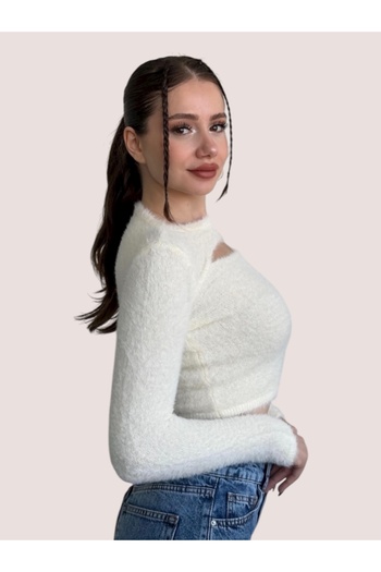 MAMAYAGA Women's Crew Neck Cutout Window Detail Long Sleeve Soft Fuzzy Winter Design Stylish Sweater Blouse