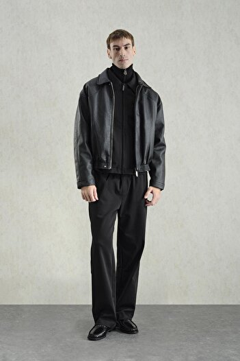 GIESTO Textured Black Leather Jacket