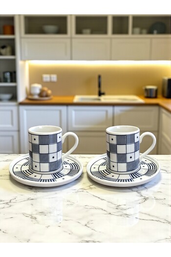 ferayhome Porcelain Coffee Cup Set for 2 People Navy Blue Striped Checkered - Feray Home