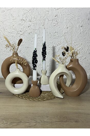 Zigzag Home Decorative 6 Piece Bohemian Style Vase and Candlestick Candle Holder Set Design Decoration Trinket Set