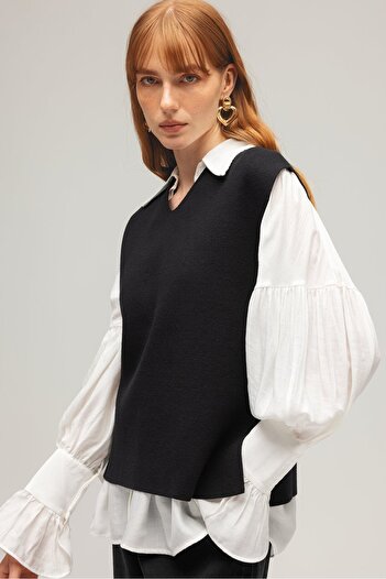 Saade Black Women's V-Neck Oversize Knit Sweater – Side Slit Design