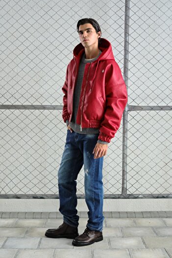 GIESTO Red Leather Jacket with Hood