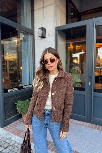 Sue Store Milky Brown Feather Textured Lined Star Buttoned Wool Coat