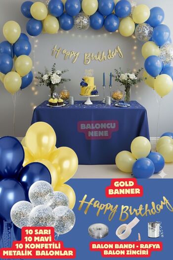 Baloncu Nene 30 Pieces Yellow Blue Balloons with Happy Birthday Writing and Silver Confetti Party Concept Birthday Decoration