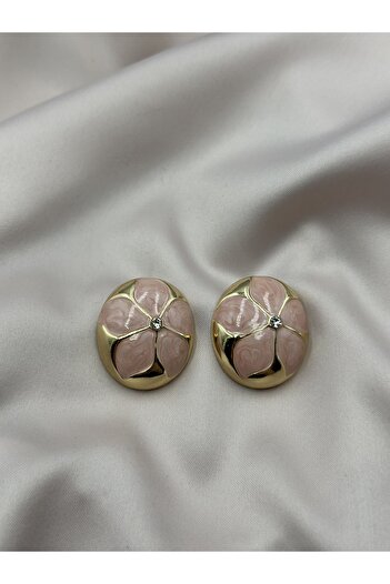 Unzilee Pink Flower Enamel Zircon Solitaire and Gold Gold Detailed Design Earrings