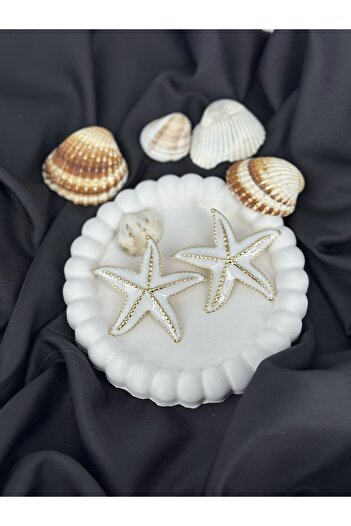 Unzilee Gold Detailed White Enamel Starfish Concept Summer Design Women's Earrings