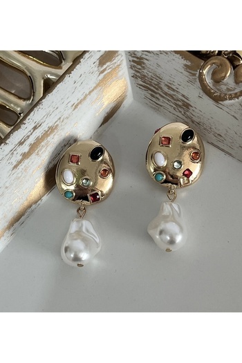 Unzilee Gold Colorful Stone Detailed Palette Design Pearl Brand Model Hanging Earrings