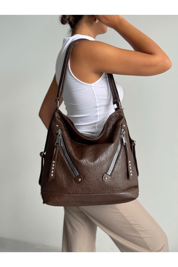 H&D COLLECTİON Soft Faux Leather Zipper Detail Coffee Color Women's Bag Suitable for Hand Shoulder and Back Use
