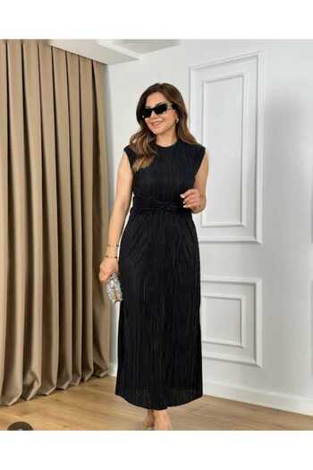 VİZYONER Women's Pleated Zero-Sleeve Dress with Detailed Embellishments