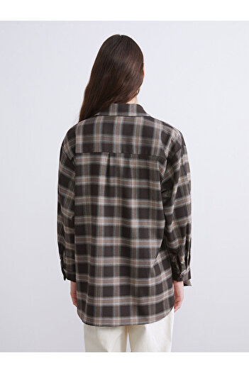 LC Waikiki LCW Modest Kahverengi Ekose Oversize Poplin Kadın Gömlek Tunik