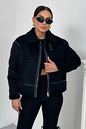 spirituel Women's Suede Coat with Fur Inside, Zippered Pockets, Collar and Sleeve Details, Premium Regular Jacket