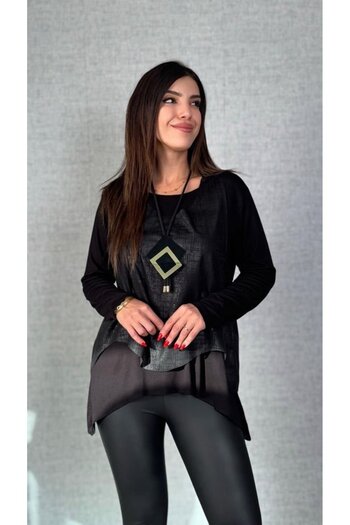 JANES Women's black leather vest necklace included three-piece set