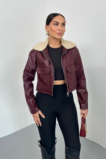 spirituel Women's Cropped Jacket Faux Leather Collar Fur Trim Zipper Double Pockets Short Leather Coat