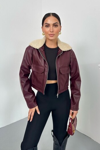 spirituel Women's Cropped Jacket Faux Leather Collar Fur Trim Zipper Double Pockets Short Leather Coat