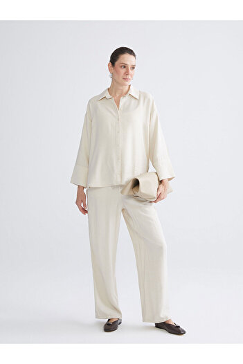LC Waikiki Beige Elastic Waist Textured Wide Leg Women's Trousers