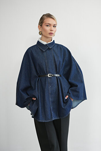 Molly Nelly Women's Belted Denim Casual Poncho Jacket