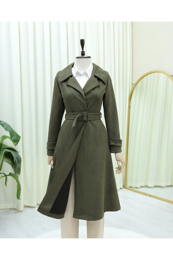 Modamorfo Beli Belted Pocketed Suede Cap - Khaki