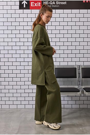 HEQA Uzun Rahat Kesim Sweatshirt Yosun Yeşili