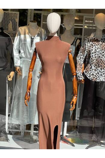 FioriModa Ottoman Lycra Fabric Half Turtleneck Slit Dress