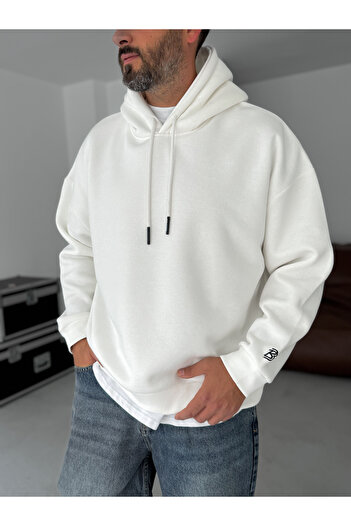 BYBASICMAN Beyaz BB Nakışlı Kapüşonlu Oversize Sweatshirt BY