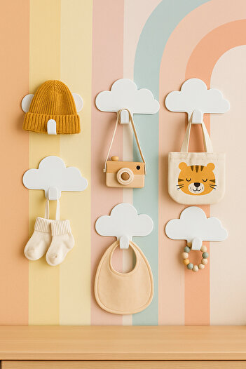 VENON Metal White 6 Pieces Cute Cloud Dream Cloud Hanger Set 6 cm Wall Decoration Children's Room