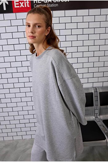 HEQA Uzun Rahat Kesim Sweatshirt Gri Melanj
