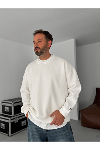BYBASICMAN Beyaz BB Nakışlı Basic Oversize Sweatshirt BY